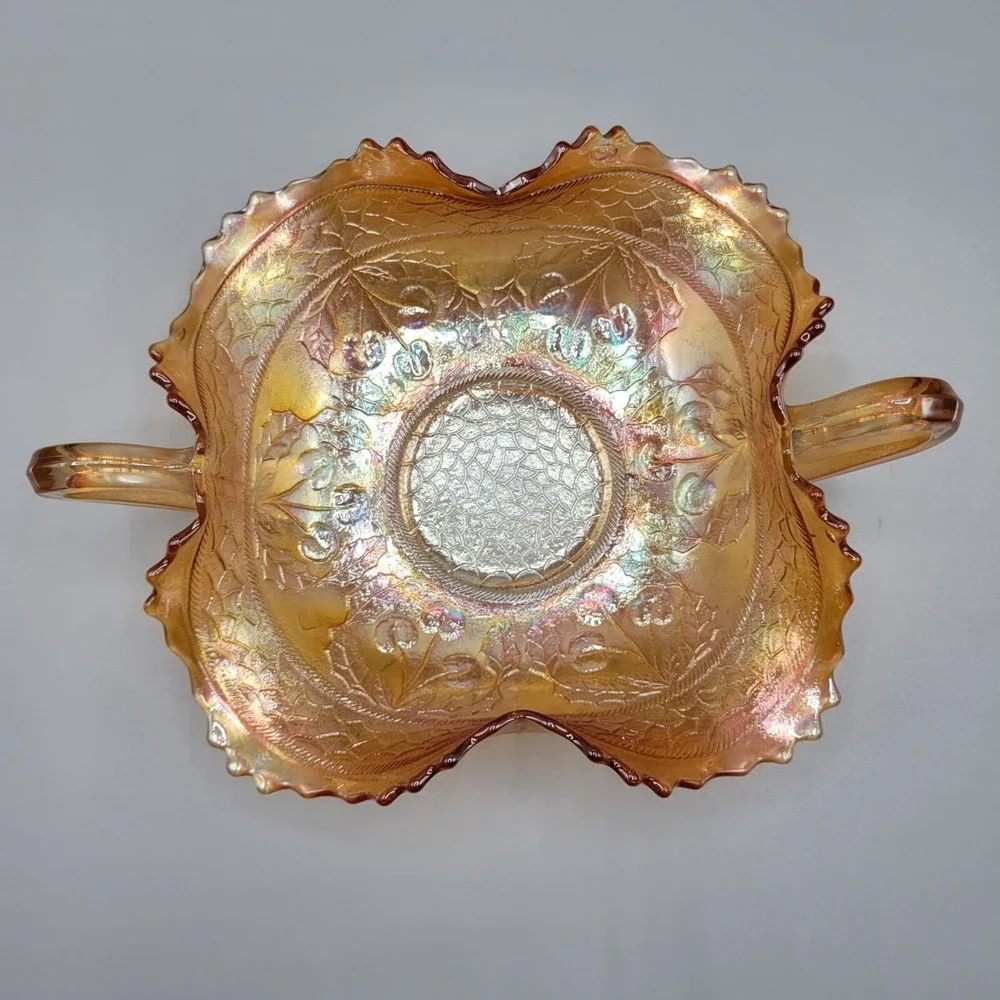 Vintage Fenton Marigold Carnival Iridescent Glass Handled Candy Dish Cherries